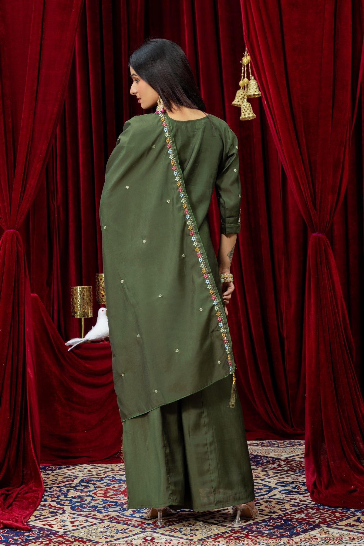 Olive Green Embroidered Kurta Set with Matching Palazzo & Dupatta