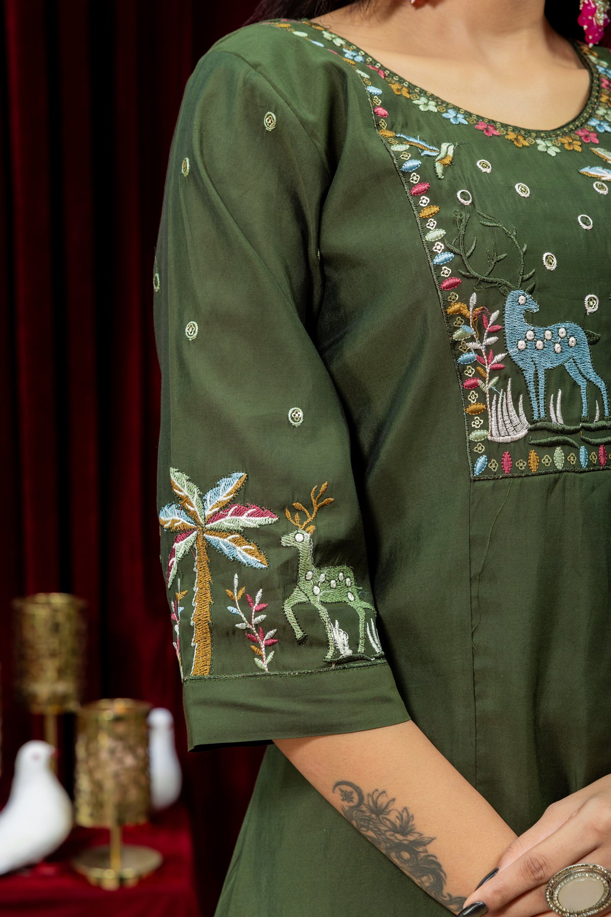 Olive Green Embroidered Kurta Set with Matching Palazzo & Dupatta