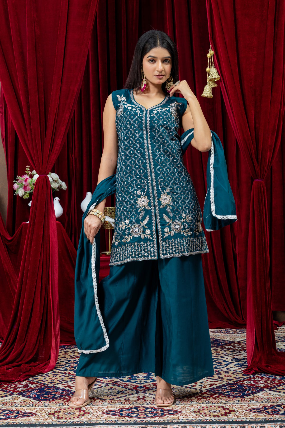 Teal Blue Embroidered Suit Set with Dupatta
