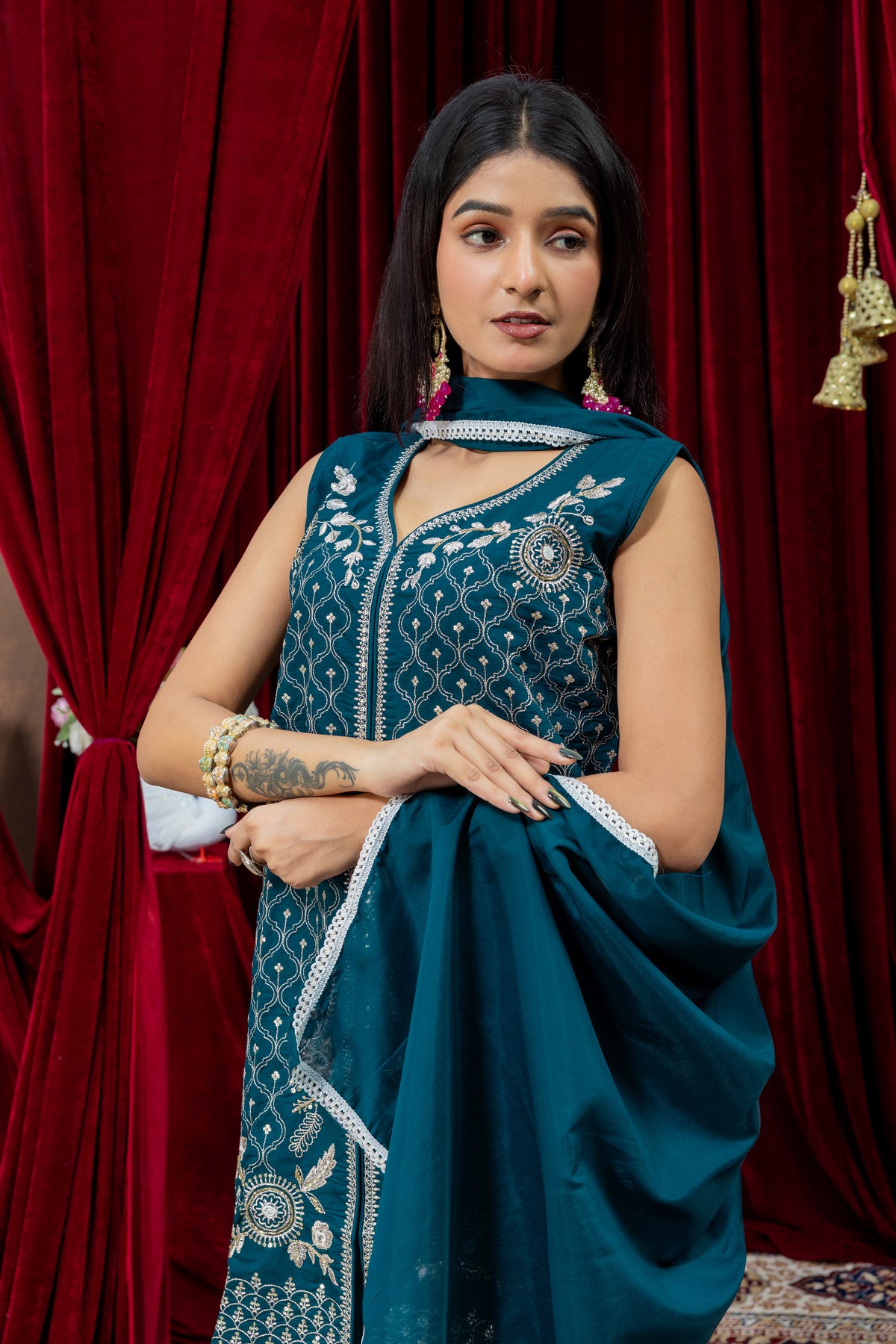 Teal Blue Embroidered Suit Set with Dupatta