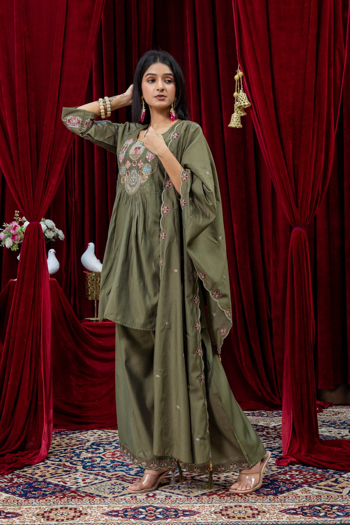 Olive Green Embroidered Anarkali Suit Set with Dupatta