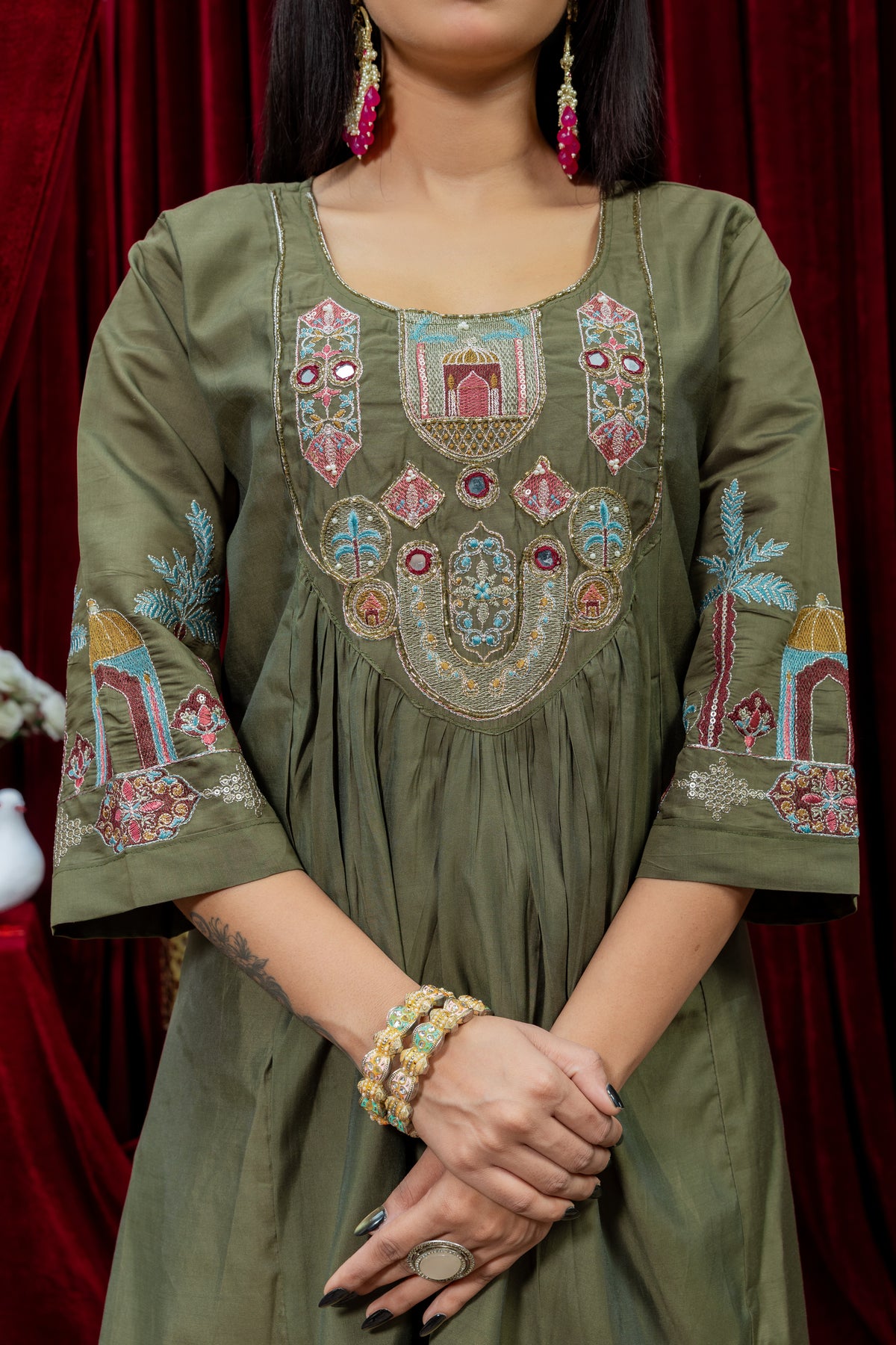 Olive Green Embroidered Anarkali Suit Set with Dupatta