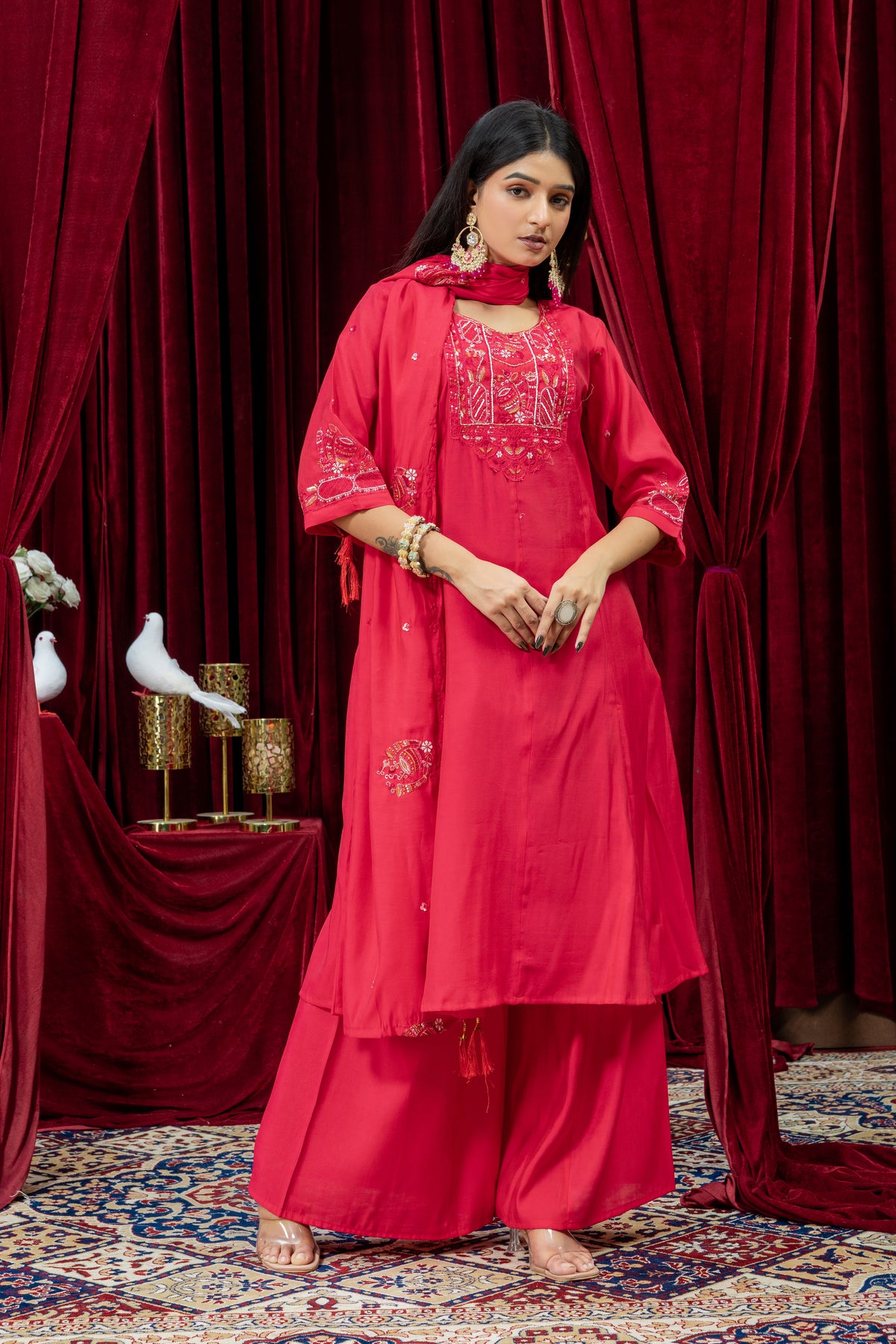 Rani Pink Embroidered Punjabi Suit Set with Dupatta