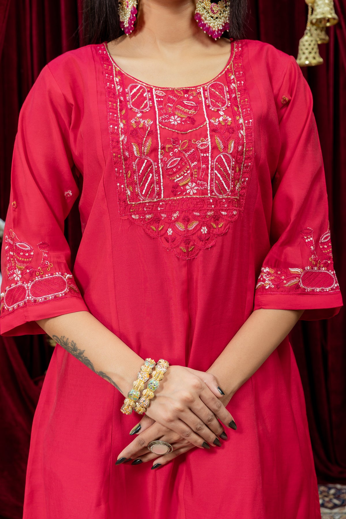 Rani Pink Embroidered Punjabi Suit Set with Dupatta