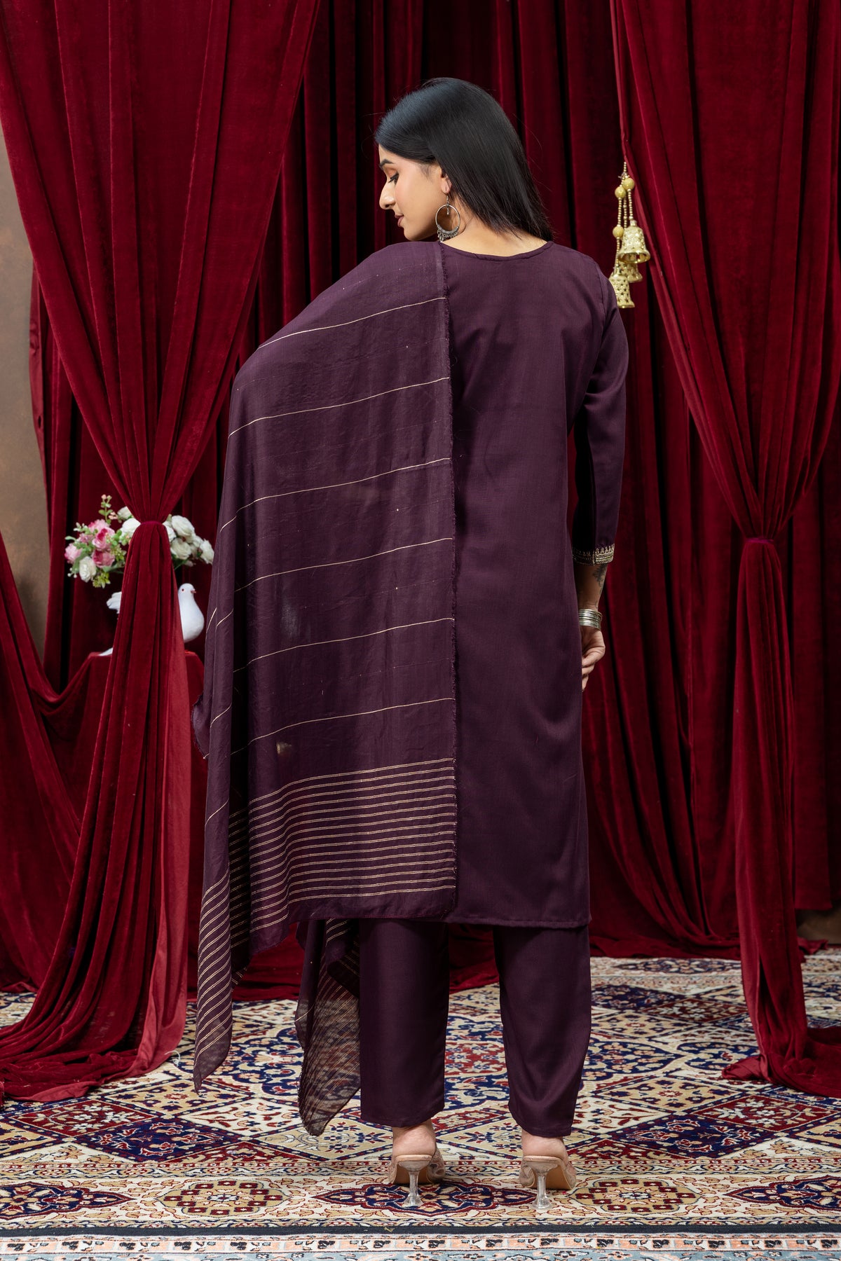Wine Purple Embroidered Kurta Pant Set with Dupatta for Women
