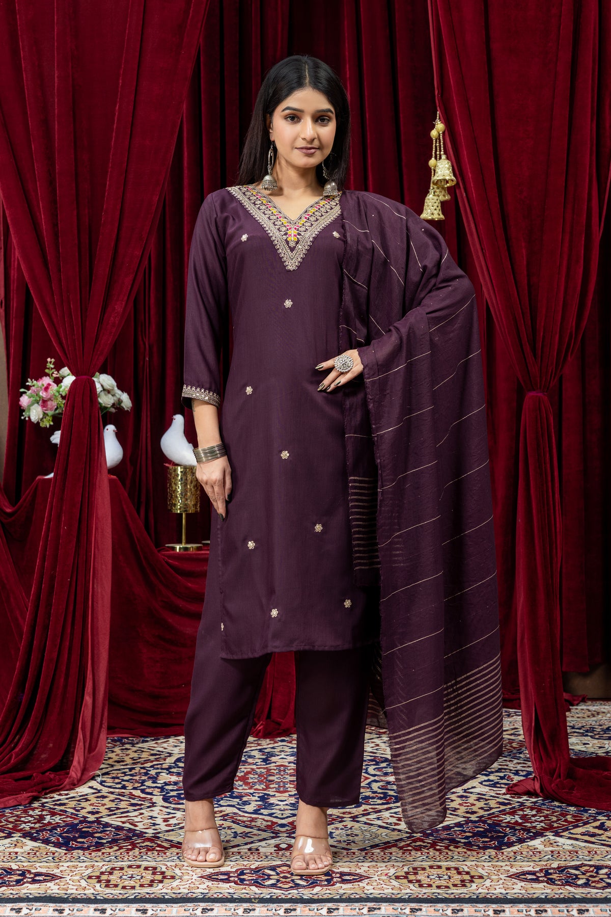 Wine Purple Embroidered Kurta Pant Set with Dupatta for Women