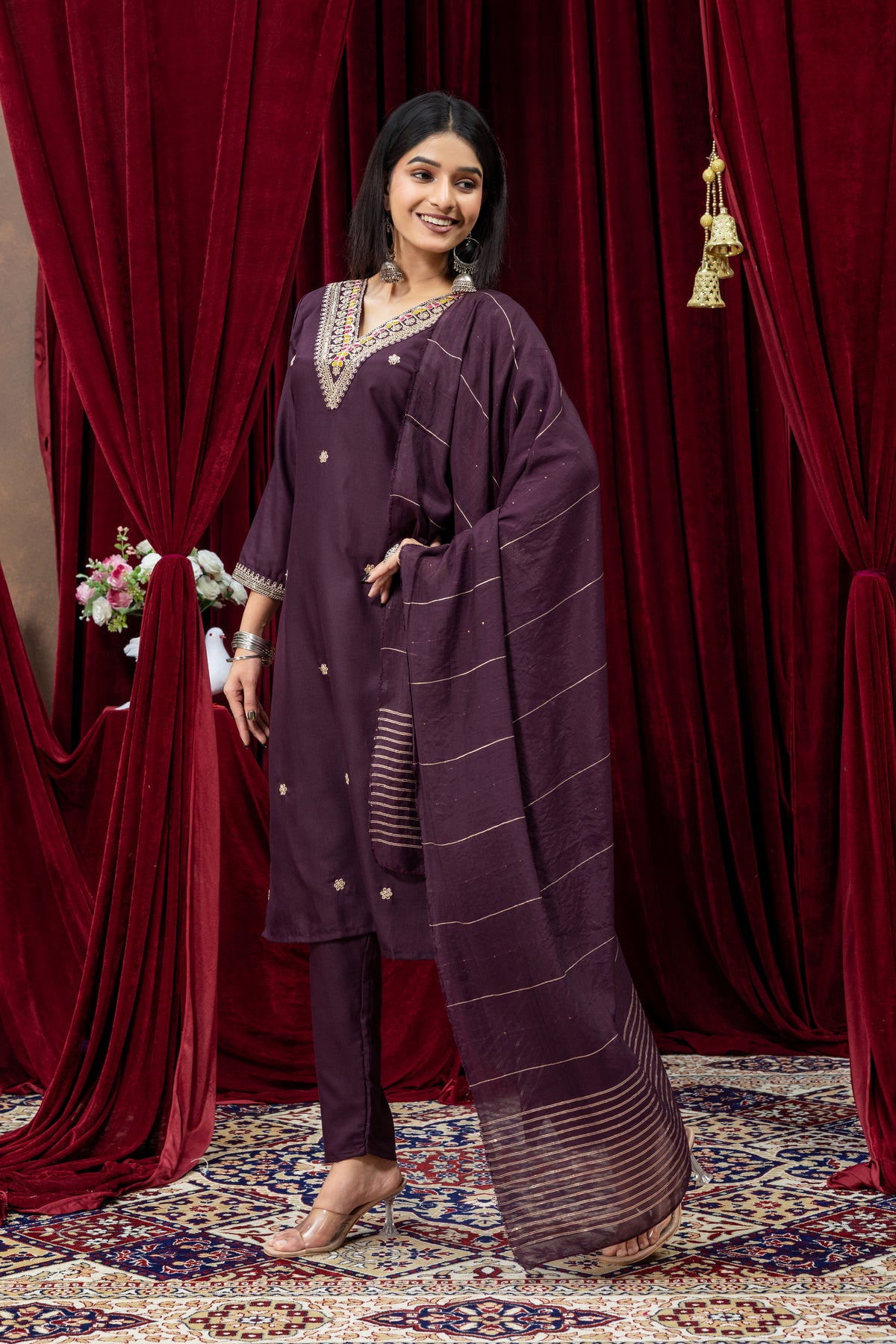Wine Purple Embroidered Kurta Pant Set with Dupatta for Women