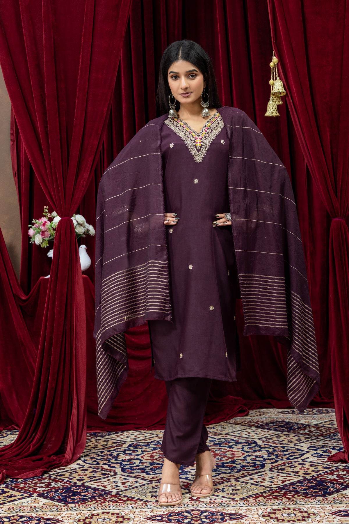 Wine Purple Embroidered Kurta Pant Set with Dupatta for Women