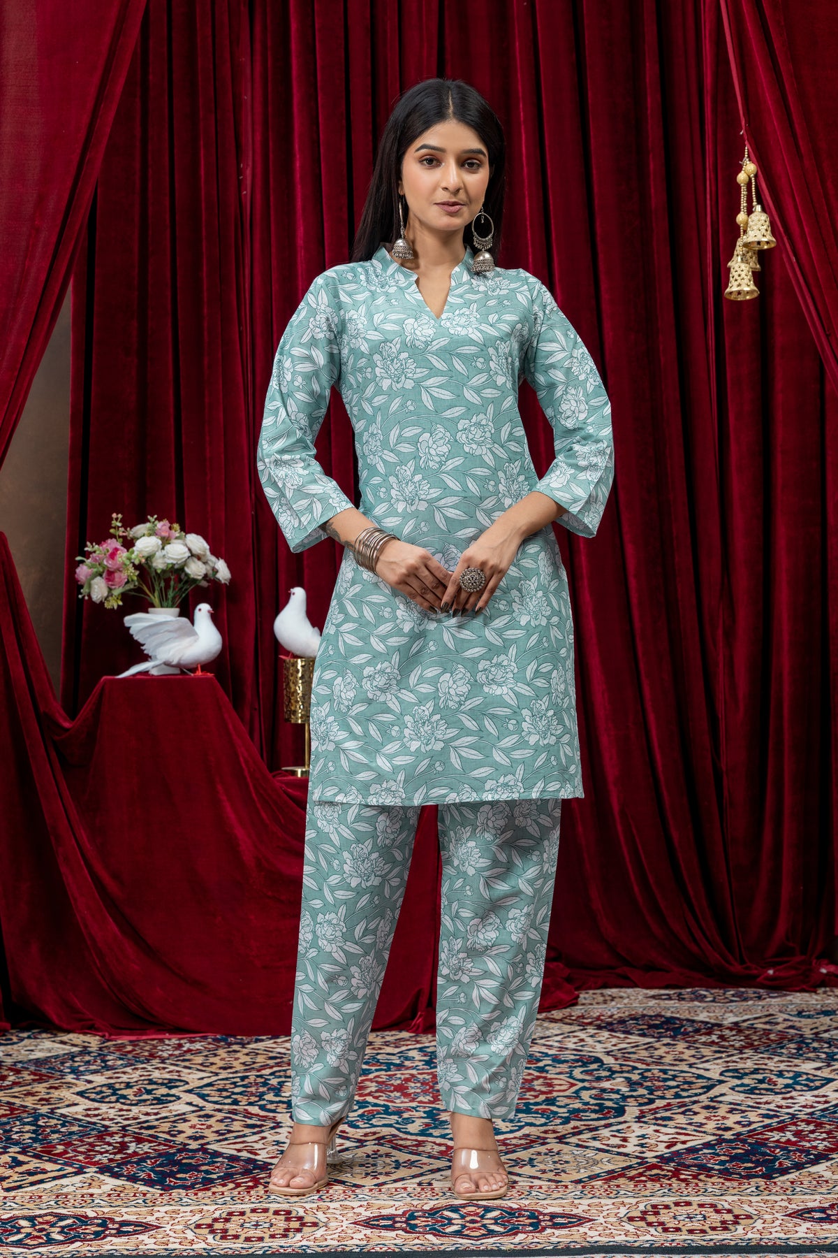 Sage Green Floral Printed Kurta Pant Set
