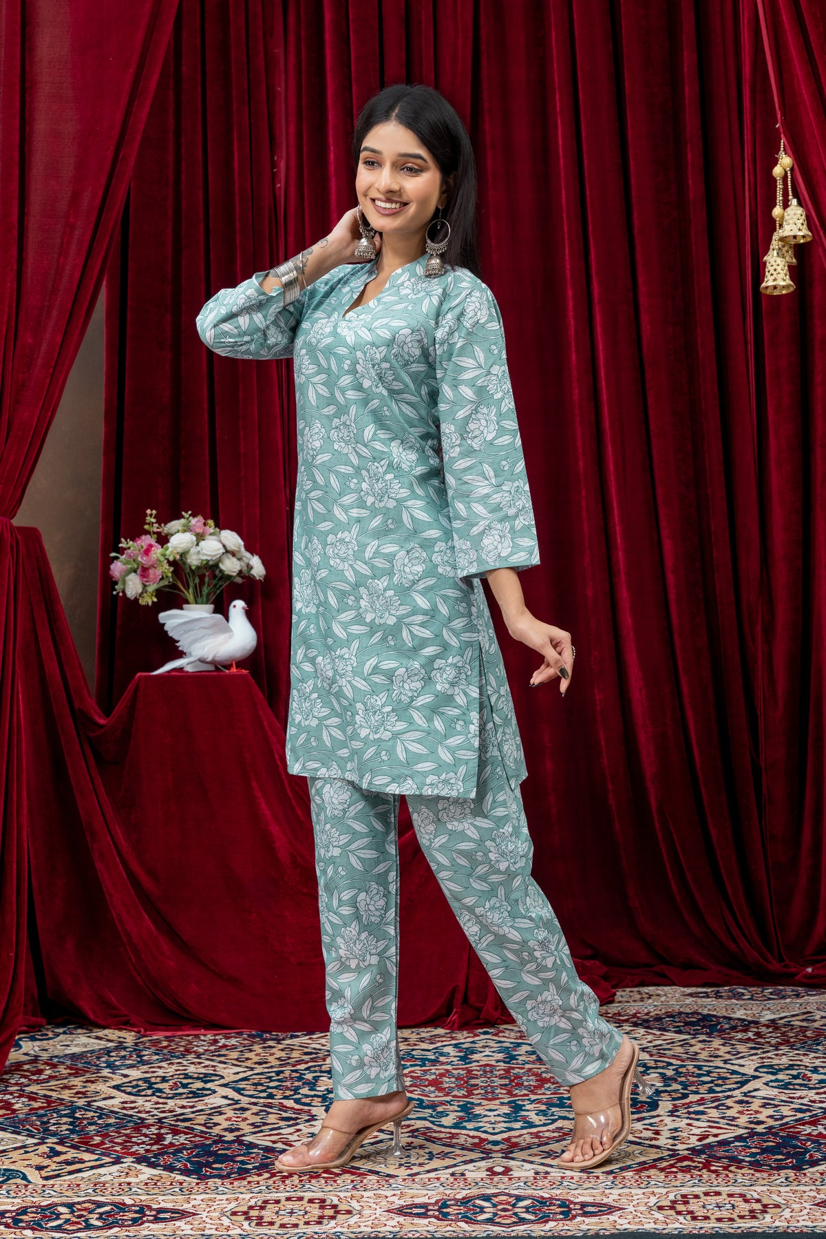 Sage Green Floral Printed Kurta Pant Set