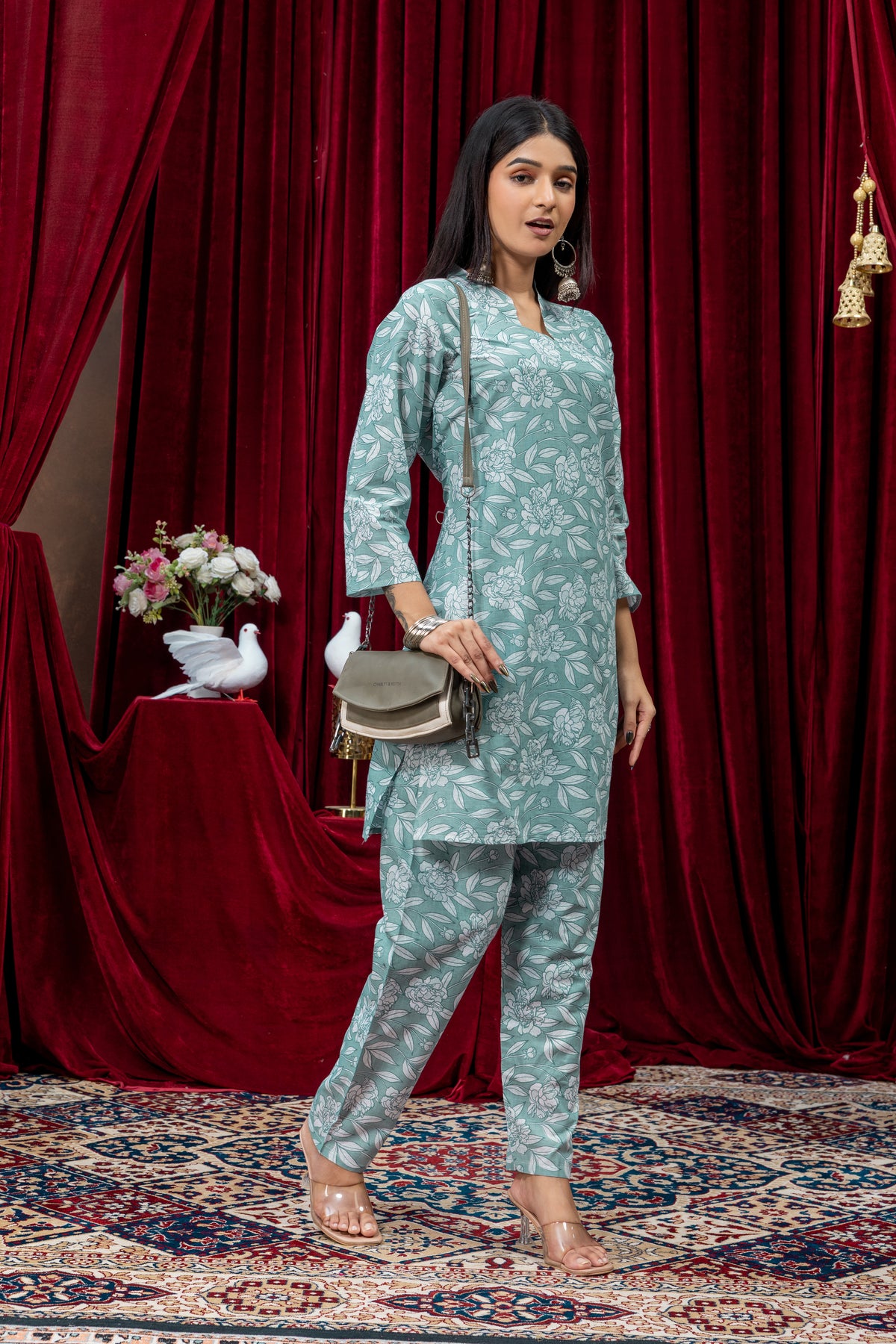 Sage Green Floral Printed Kurta Pant Set