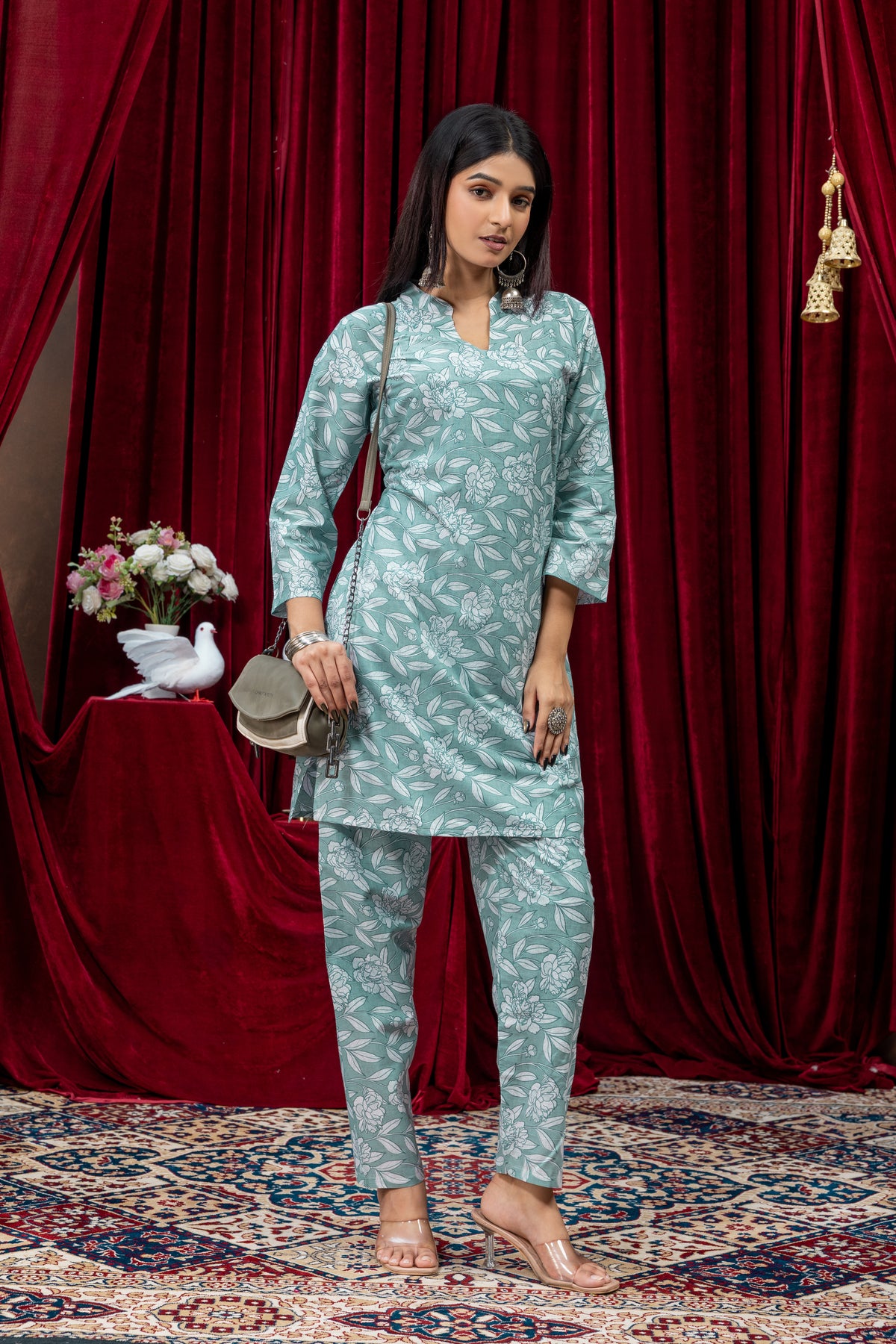 Sage Green Floral Printed Kurta Pant Set