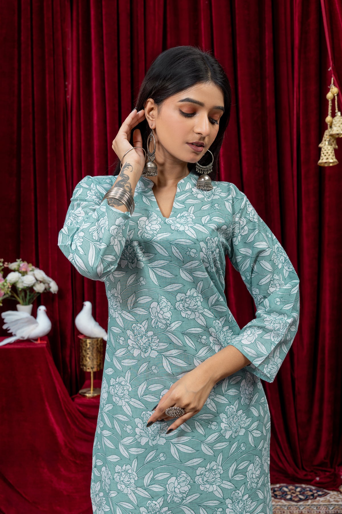 Sage Green Floral Printed Kurta Pant Set