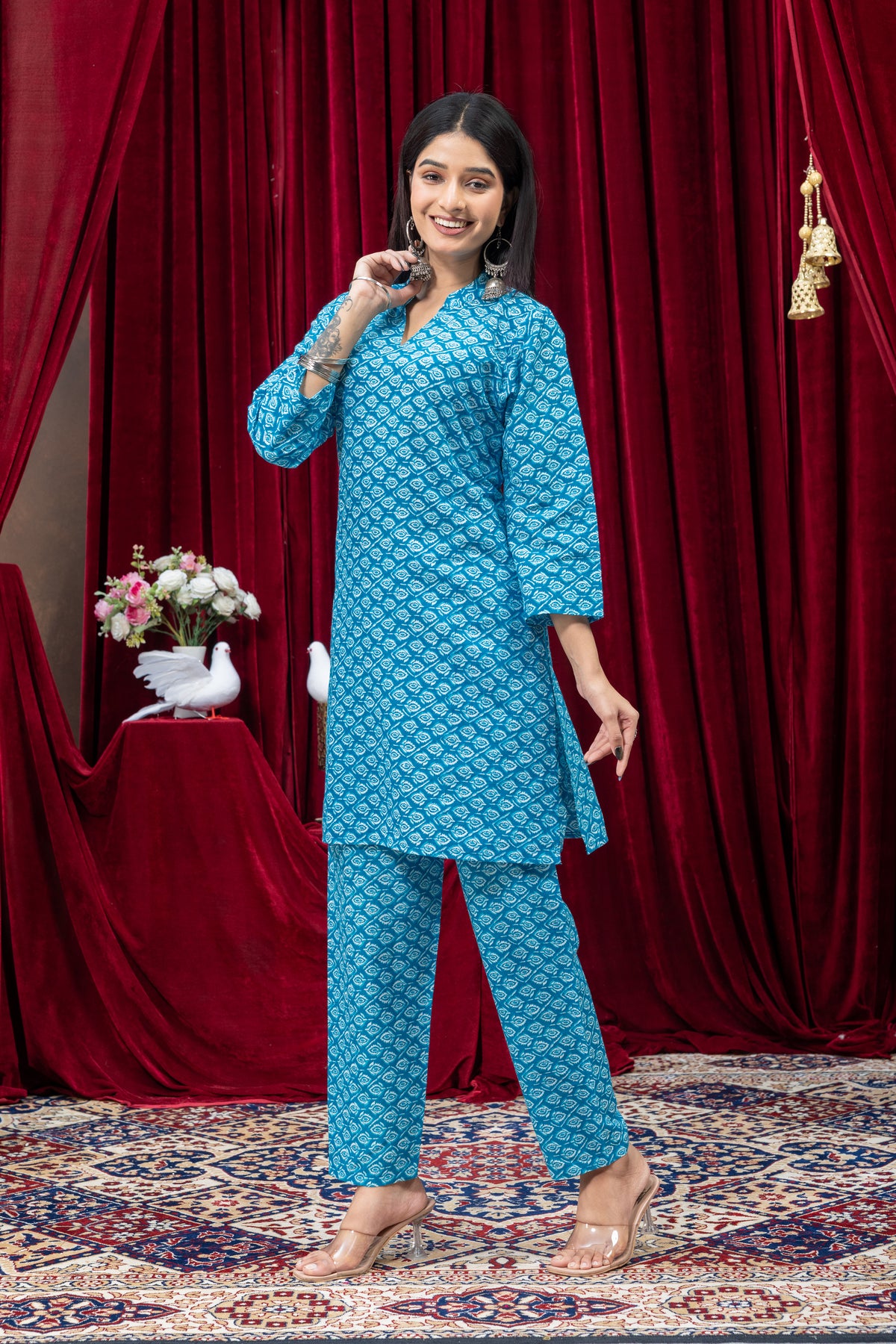 Turquoise Blue Printed Kurta Set