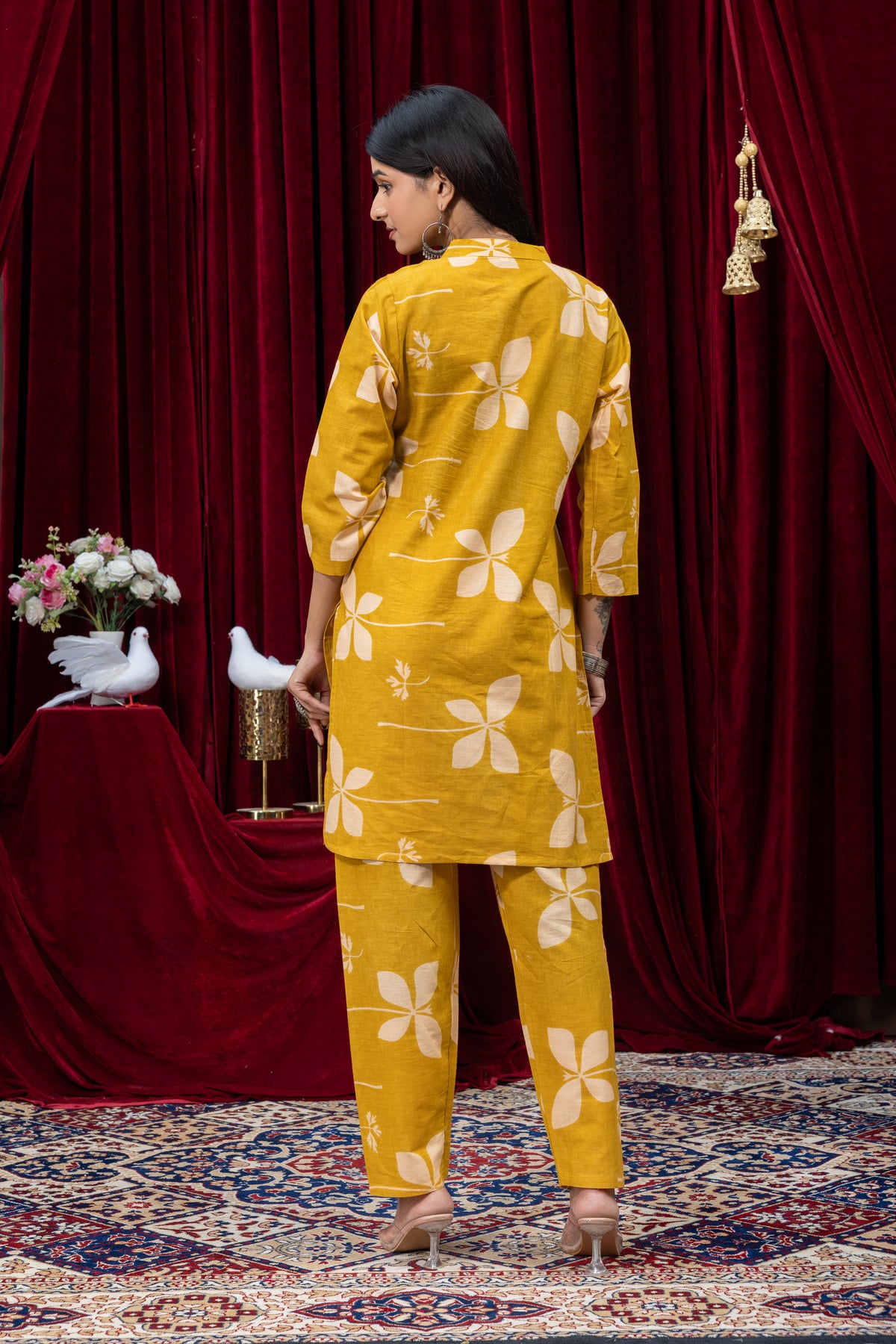 Mustard Yellow Floral Printed Kurta Pant Set for Women