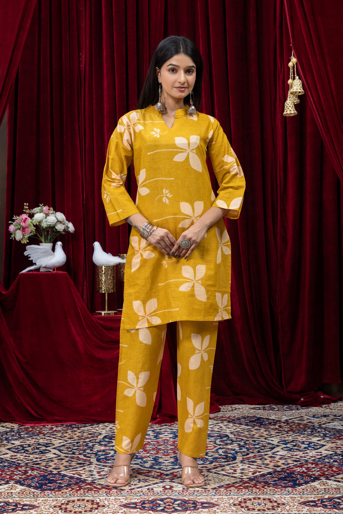Mustard Yellow Floral Printed Kurta Pant Set for Women
