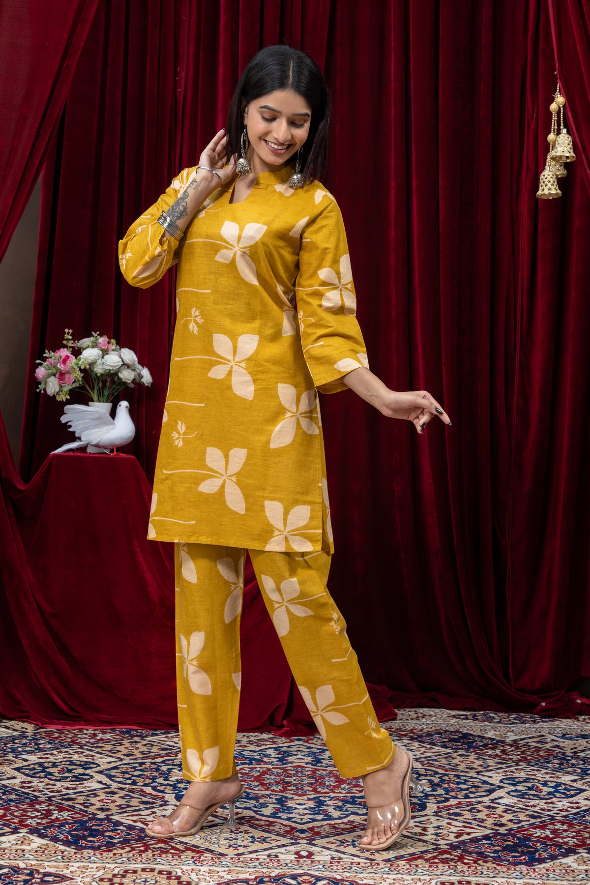 Mustard Yellow Floral Printed Kurta Pant Set for Women