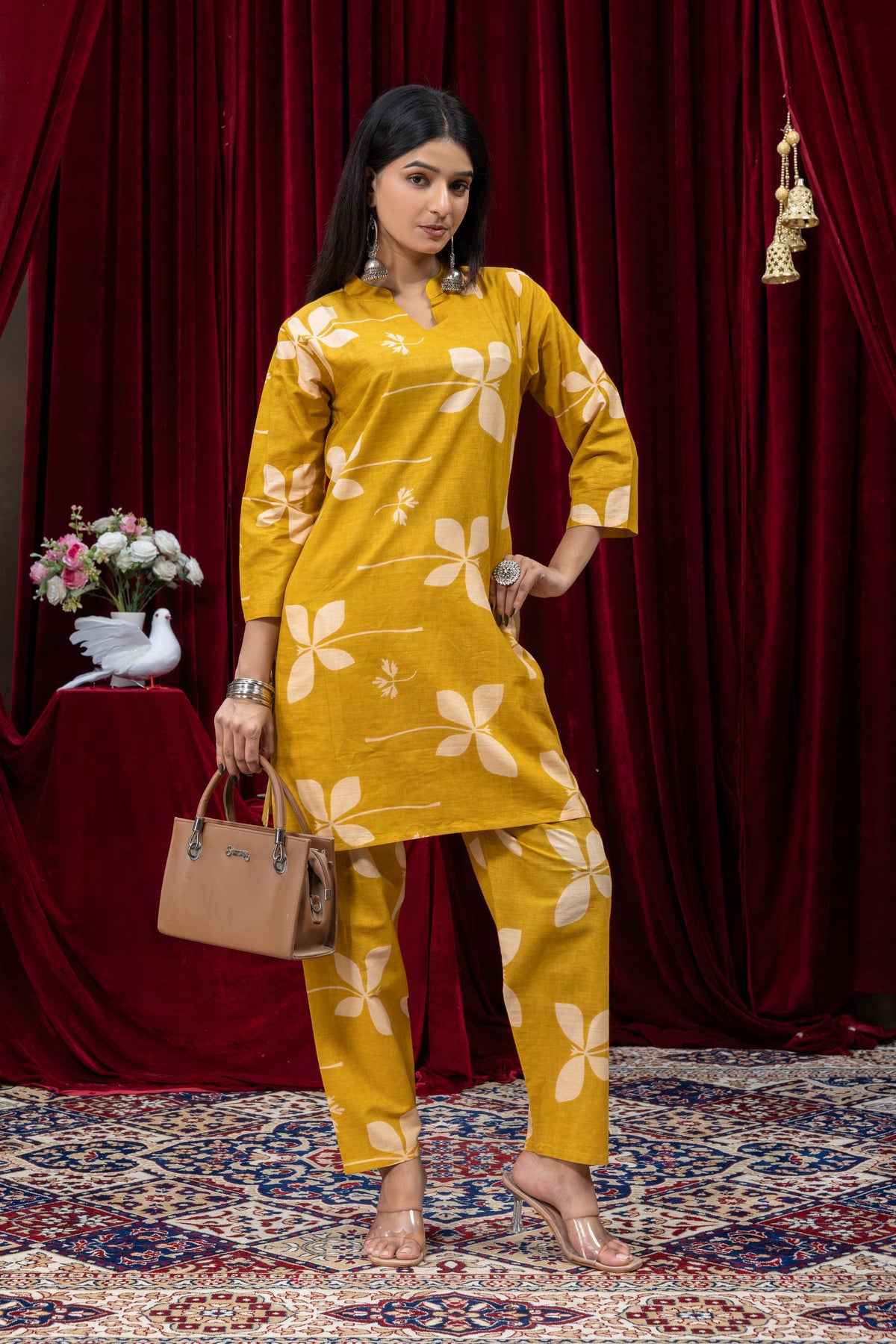 Mustard Yellow Floral Printed Kurta Pant Set for Women