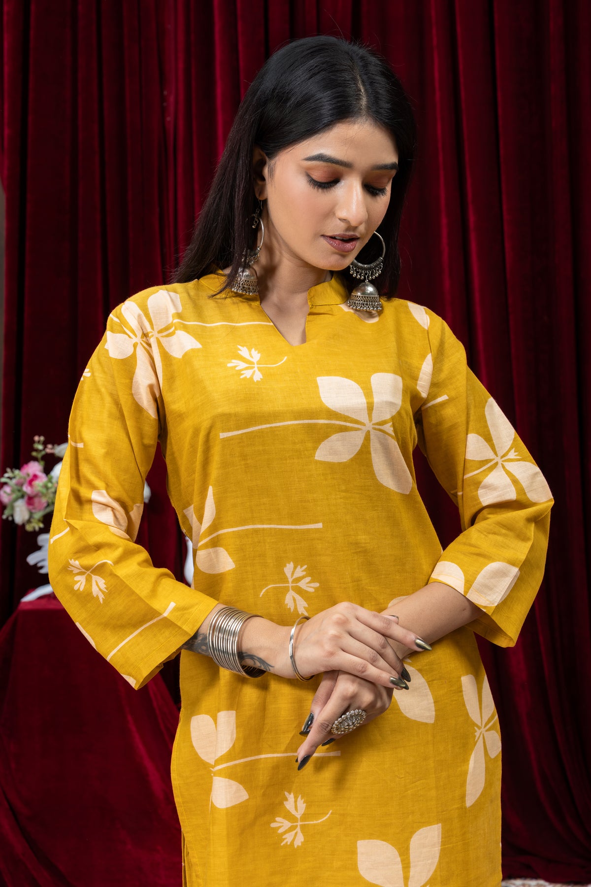 Mustard Yellow Floral Printed Kurta Pant Set for Women